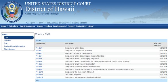 Hawaii USDC Pro Se Forms